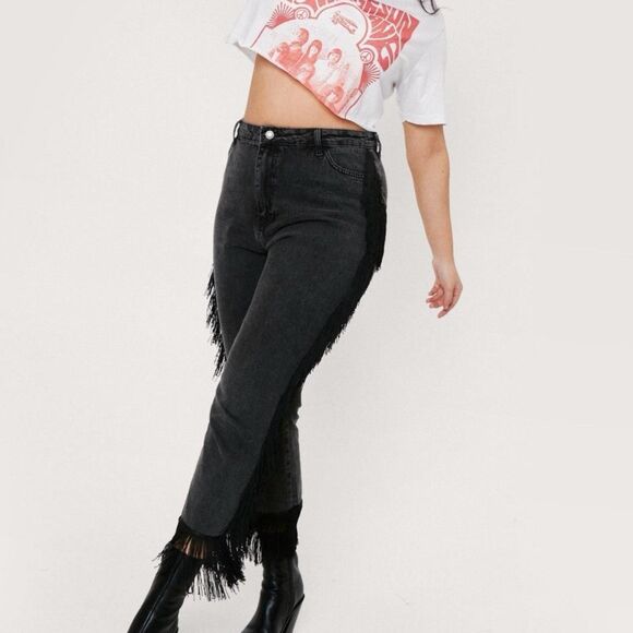 Nasty Gal Contrast Stitch Fringe black & grey denim straight leg jeans. Size 4 - Picture 4 of 8